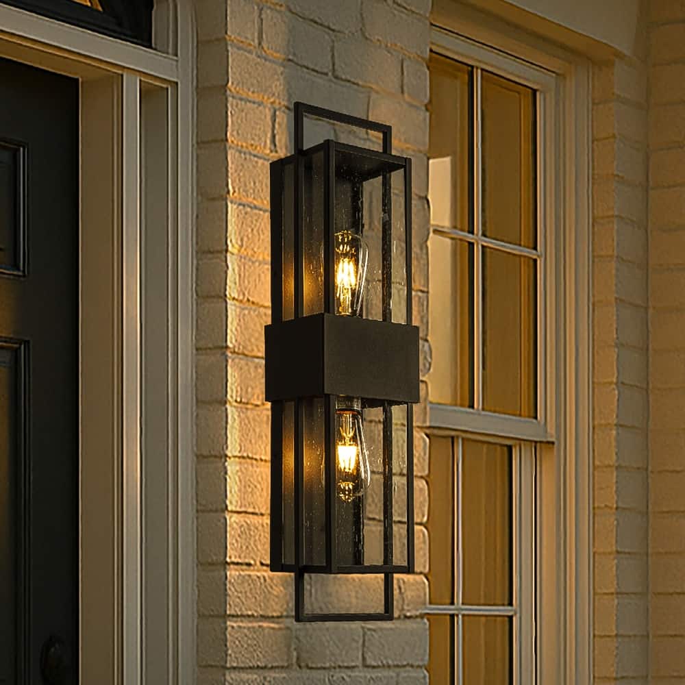 H26'' Modern Seeded Glass Outdoor Wall Light with Dusk to Dawn Sensor Black 2-Light Waterproof Sconce for Porch Garage - W6''
