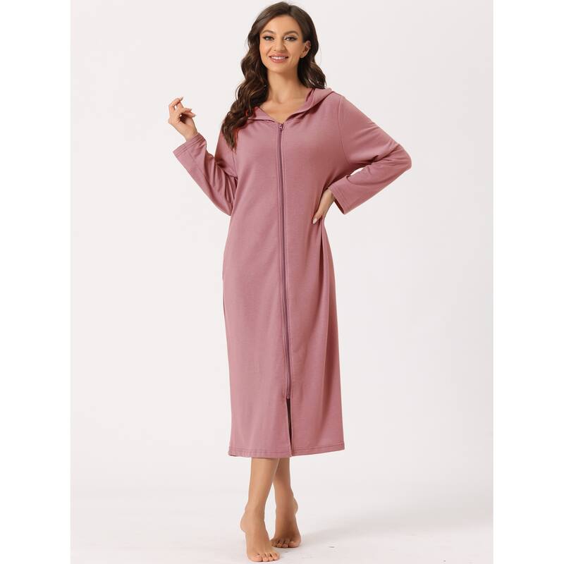 Women's Zip Robe Hooded Long Sleeve Bathrobe Housecoat with Pockets - Dark Pink - XL