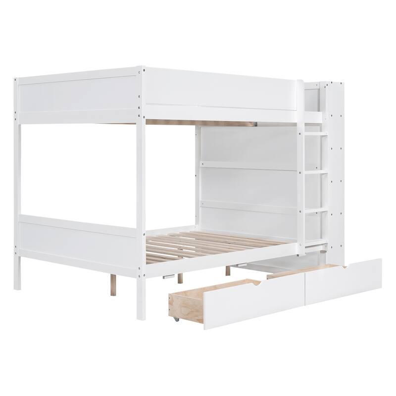 Full over Full Bunk Bed with Drawers and Cabinet, White, Space-Saving Design