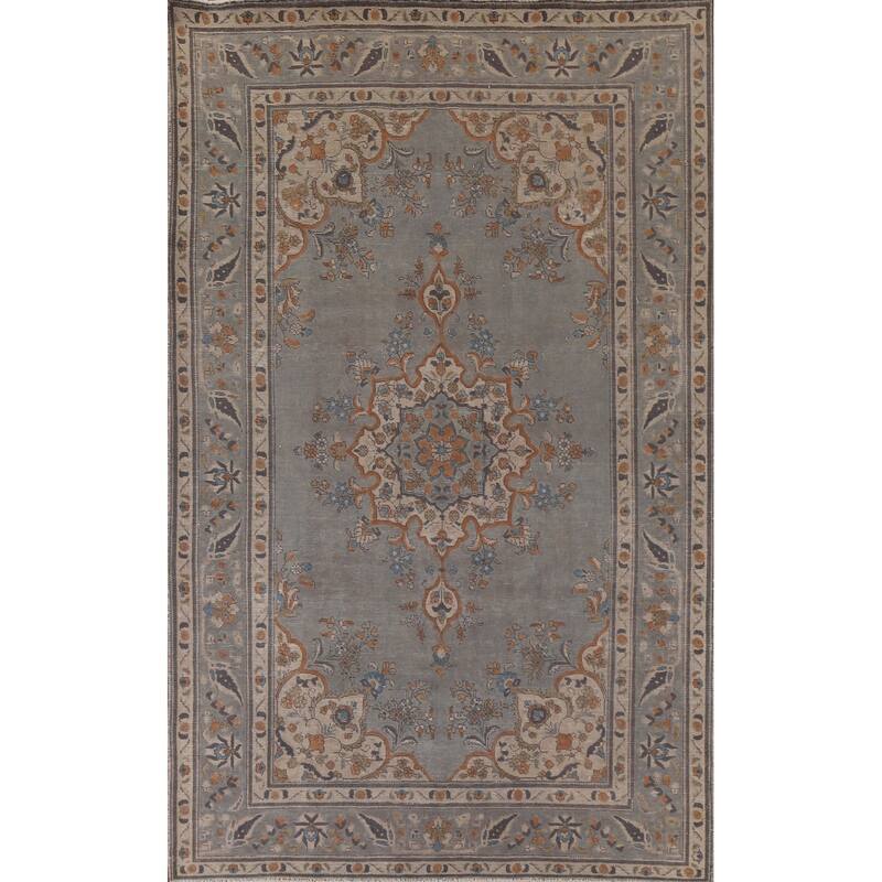 Hand Knotted Oriental 100% Wool Carpet Traditional Medallion Greys & Charcoal Tabriz Area Rug - 9' 7'' X 6' 8''
