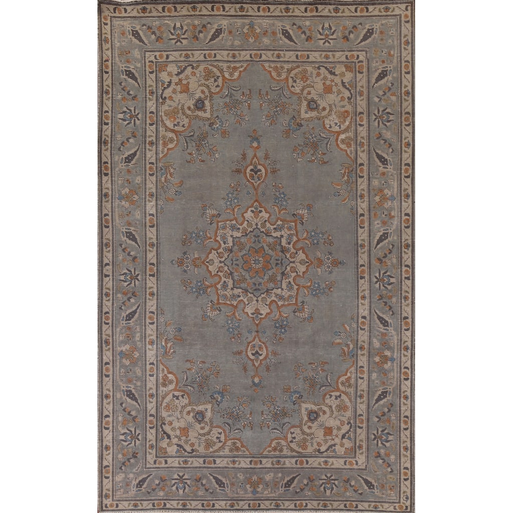 Hand Knotted Oriental 100% Wool Carpet Traditional Medallion Greys & Charcoal Tabriz Area Rug - 9' 7'' X 6' 8''