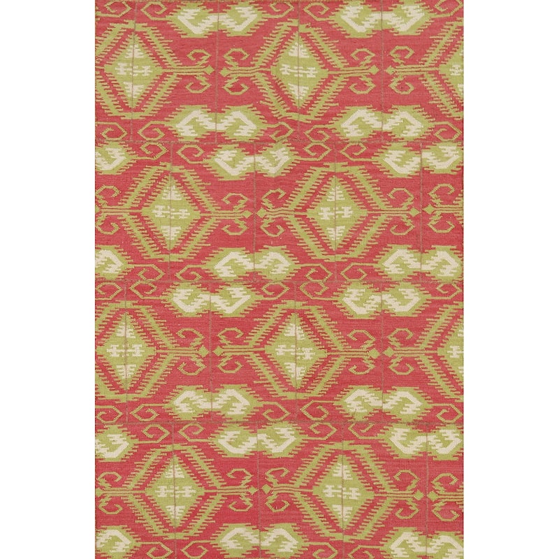 All-Over Pink Geometric Kilim Oriental Area Rug Handmade Wool Carpet - 4'9"x 7'1"