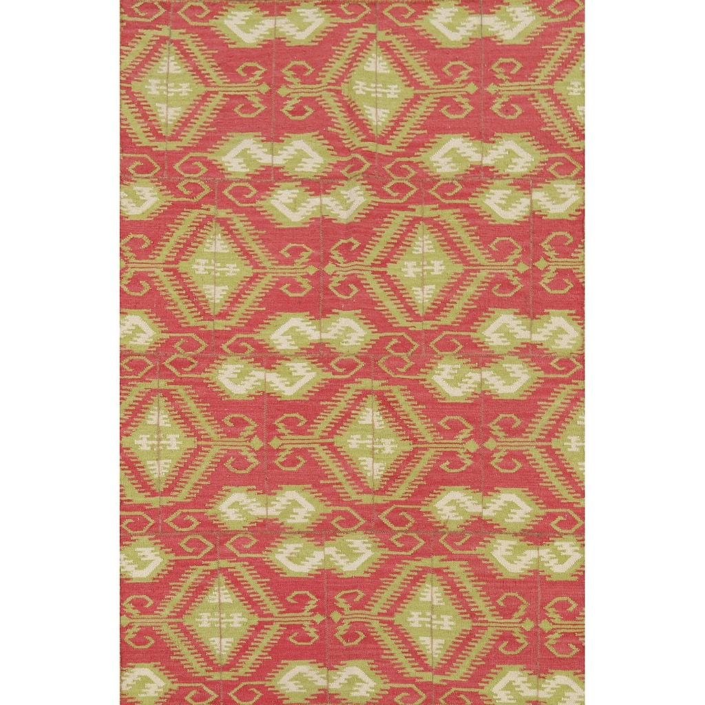 All-Over Pink Geometric Kilim Oriental Area Rug Handmade Wool Carpet - 4'9"x 7'1"