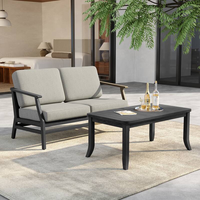 Outdoor Loveseat Sofa with Coffee Table Teak Wood Patio Furniture - BlackFrame-Light Camel