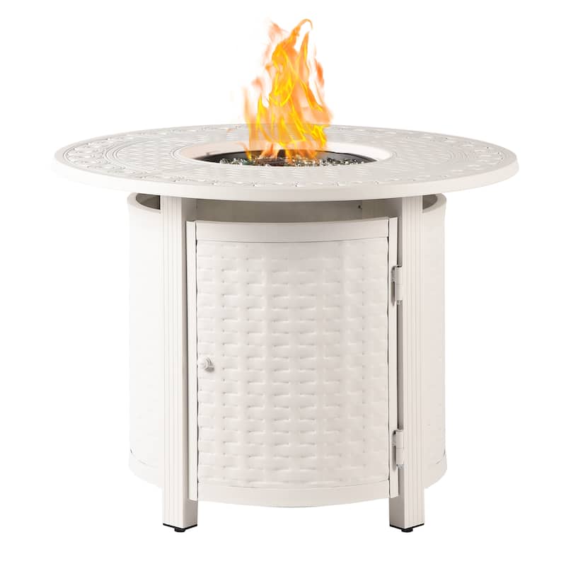Round 34 in. x 34 in. Aluminum Propane Fire Pit Table with Glass Beads, Two Covers, Lid, 37,000 BTUs - N/A - White