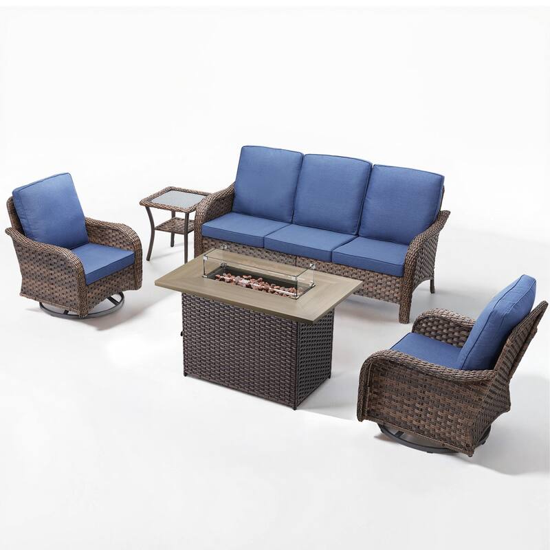 Cavira Brown Wicker Patio Fire Pit Conversation Set with Swivel Gliders