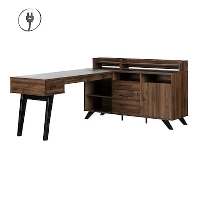 L-Shaped Desk - Walnut Finish, Power Bar & Hutch - Home Office Workstation