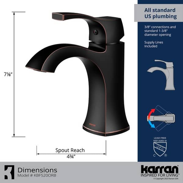 dimension image slide 1 of 4, Karran Randburg KBF520 Single-Handle Single Hole Basin Bathroom Faucet with Matching Pop-up Drain