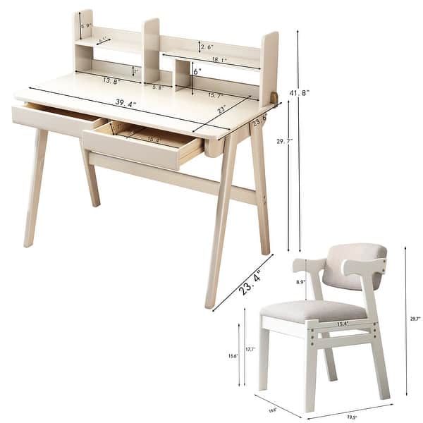 dimension image slide 1 of 4, Kids Desk and Chair Set with Hutch, Wooden Study Desk for Bedroom