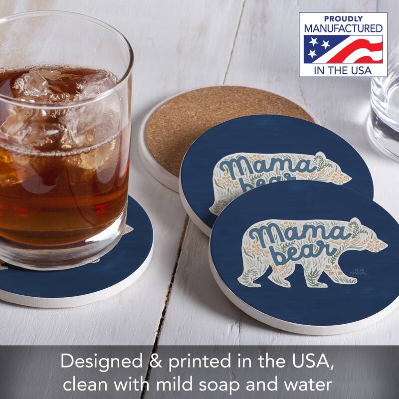 Mama Bear 4 Pack Absorbent Stone Coasters with Protective Cork Backing Made in The USA Absorbent Easily Wipes Clean