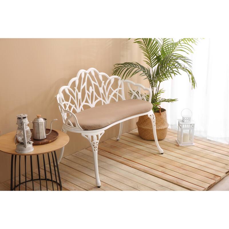 Tulip Patio Garden Bench Metal Park Bench Cast Aluminum Outdoor Furniture With Floral Rose For Patio With Cushion