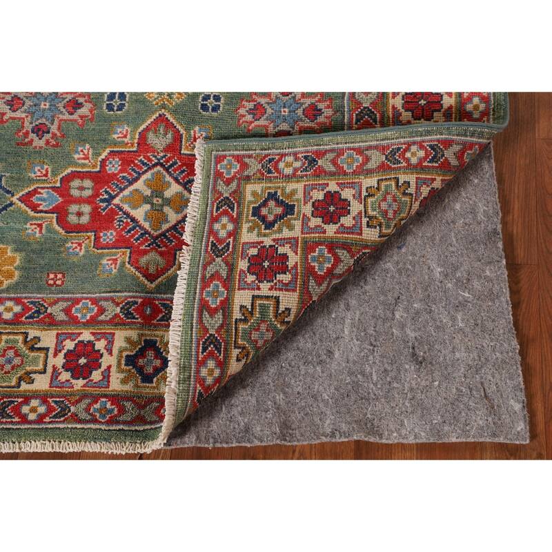 Green Geometric Kazak Accent Rug Handmade Oriental Wool Carpet - 3'4"x 4'10"