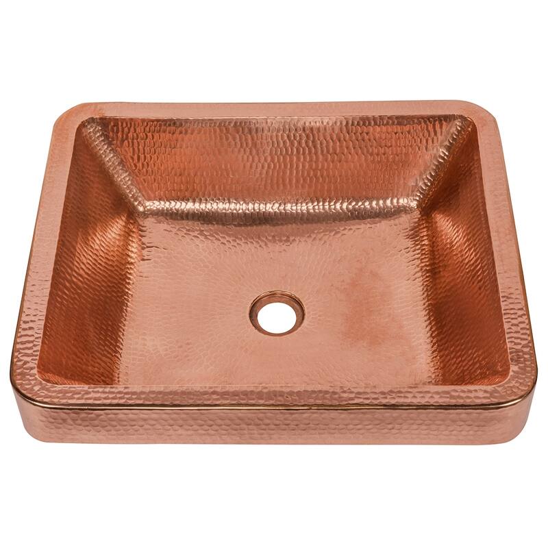 19" Rectangle Skirted Vessel Hammered Copper Sink in Polished Copper, Matching Drain and Accessories