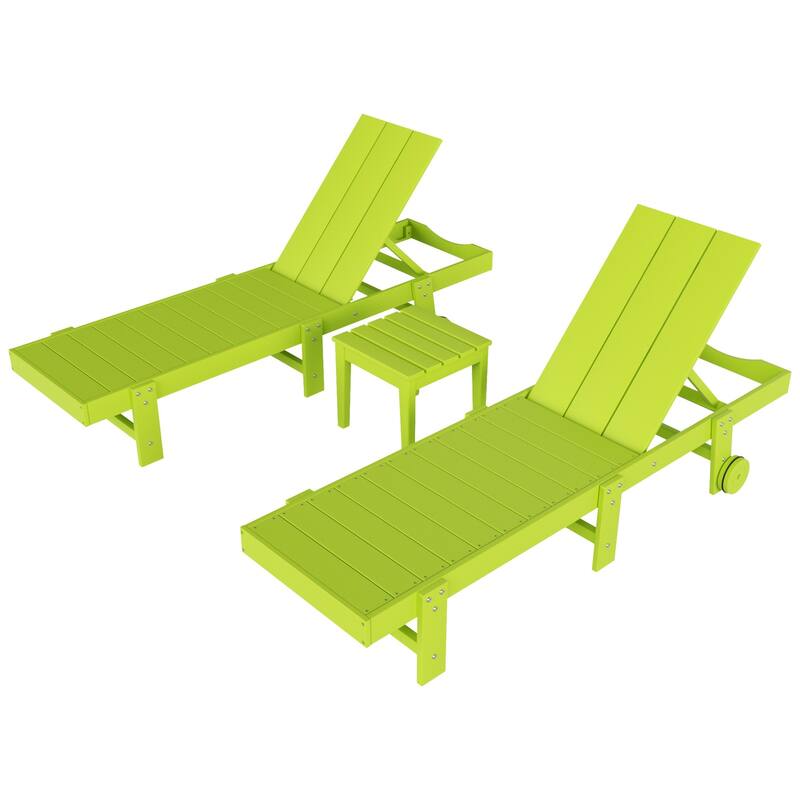 Polytrends Shoreside Modern Poly Eco-Friendly All Weather Reclining Pool Chaise Lounge With Wheels and Side Table (3-Piece Set)