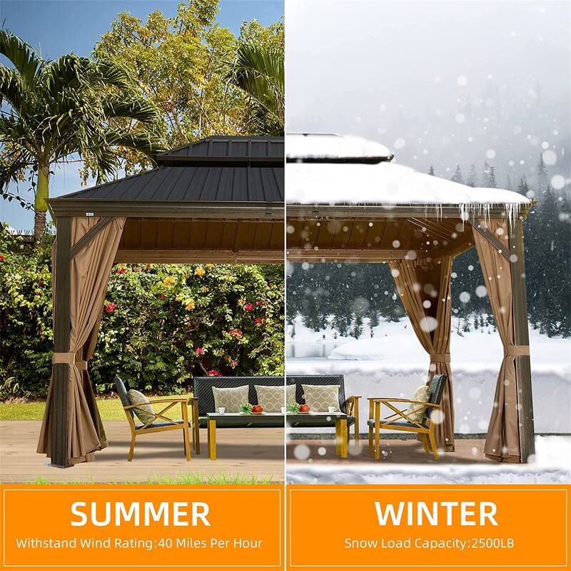 GDFStudio - Terry Outdoor Aluminum Hardtop Gazebo with Galvanized Steel Double Roof, Curtains & Netting