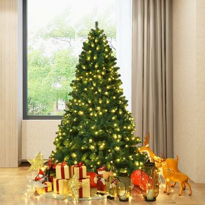 Gymax Pre-Lit PVC 7' Artificial Christmas Tree Hinged LED Lights Metal