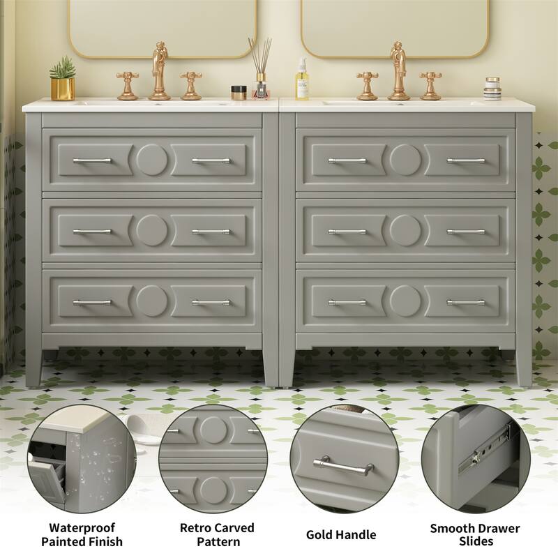 60" Bathroom Vanity Set with Ceramic Sink (Separate), Solid Wood Bathroom Storage Cabinet