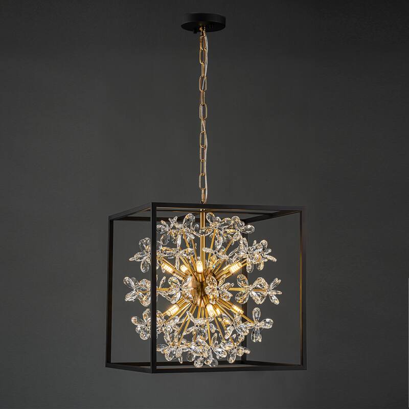 10-Light Modern Black Square Caged Chandelier Sputnik Gold Crystal Chandelier for Living/Dining Room - 16.1 in. W x 17.1 in. H