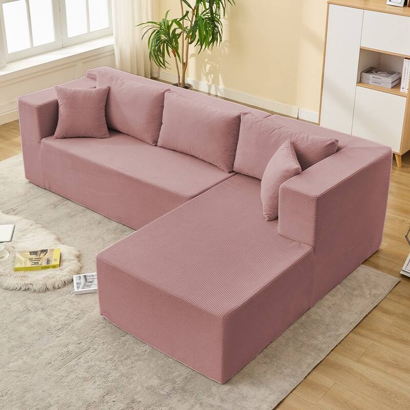 Mixoy W106'' Modern 2-Piece Free Combination Corduroy Upholstered L-Shaped Modular Sectional Sofa with Right Chaise and Pillow