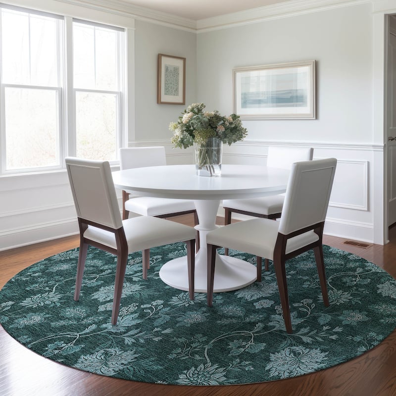 Machine Washable Indoor/ Outdoor Chantille Floral Farmhouse Rug - Teal - 8' x 8'