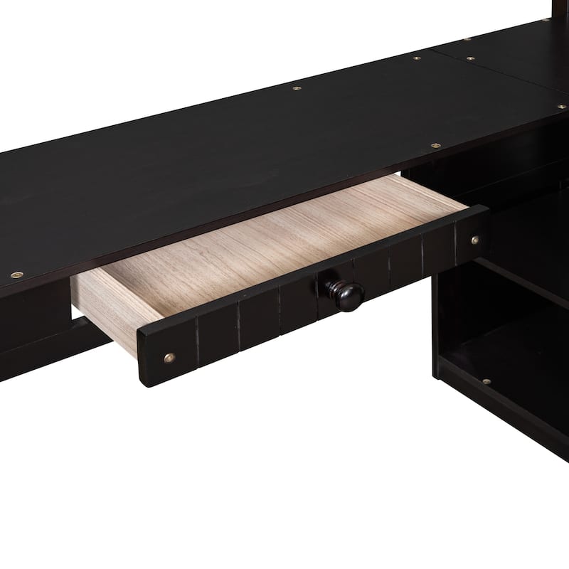 Twin Size Wooden Loft Bed with Desk, Storage Shelves, and Drawers, Gray Finish