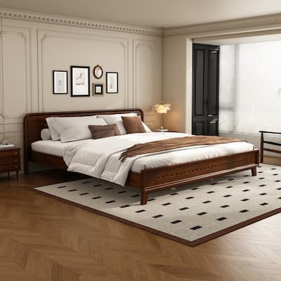 PINE SOLID WOOD KING SIZE BED, SOLID AND STABLE, NO BOX SPRING NEEDED, Dark Walnut