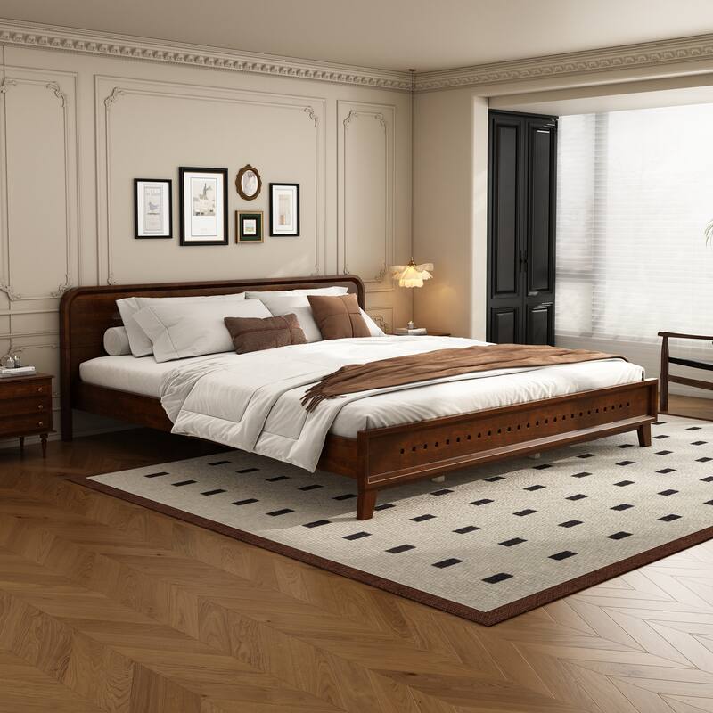 Rustic Pine Wood Bed Frame Low-Profile Platform Bed with Panel Headboard Solid Wood Slat Support and Extra Wide Thickened Legs
