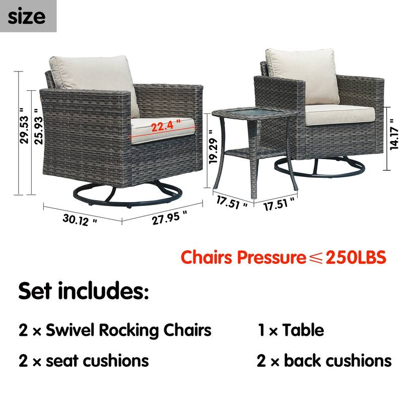 OVIOS 3-piece Patio Wicker Swivel Rocking Chairs Set