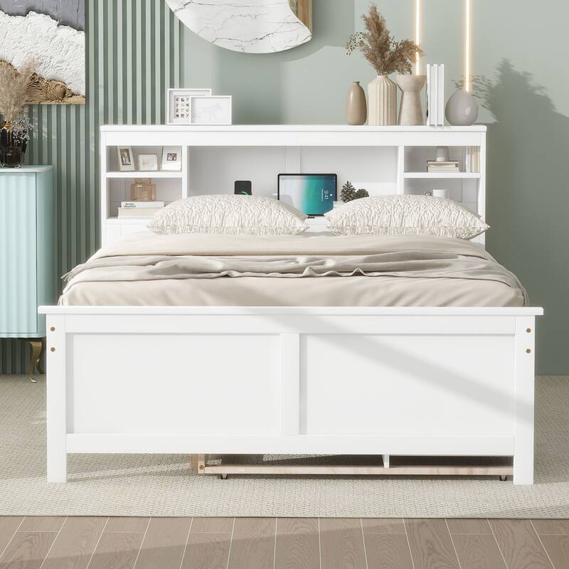 Twin/Full Size Storage Platform Bed with Bookcase Headboard and 3 Drawers, Wood Platform Bed with Twin Size Trundle and USB Port