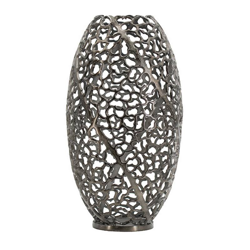 14 Inch Aluminum Accent Vase, Tall Curved Cut Out Design Intricate Details