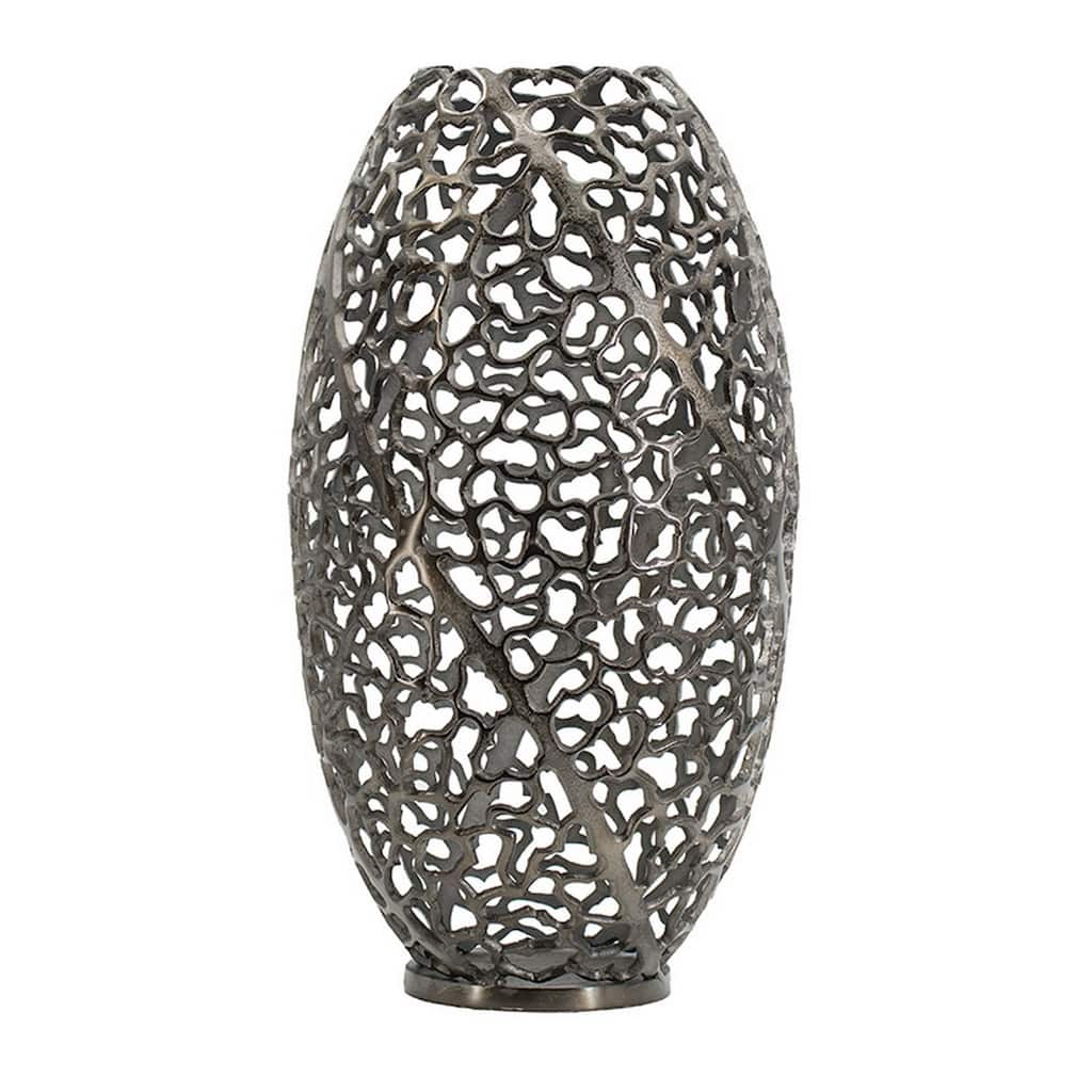 14 Inch Aluminum Accent Vase, Tall Curved Cut Out Design Intricate Details