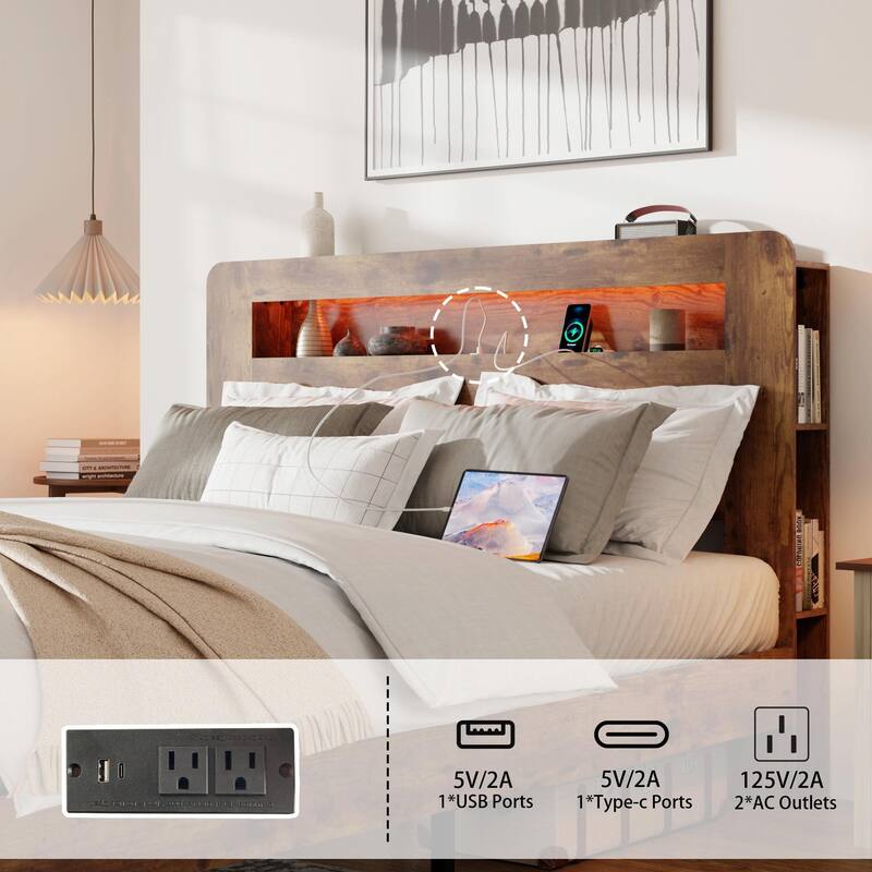 Wood Platform Bed Frame with Storage, LED Light Headboard and 2 USB Ports, Noise-Free