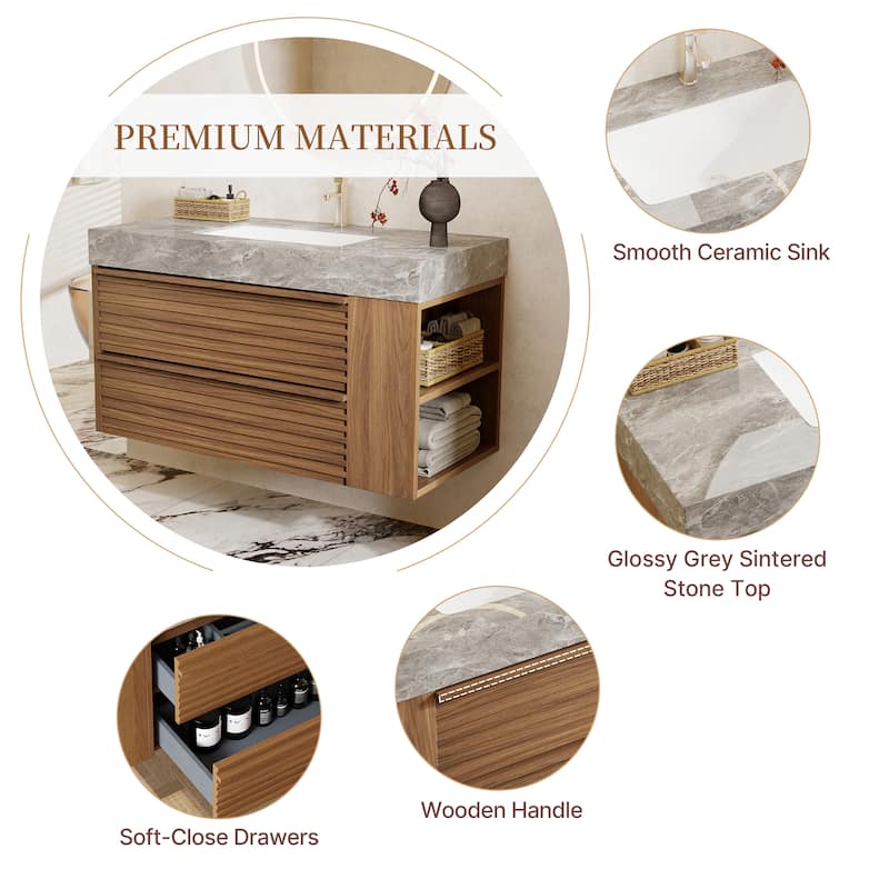 Modern 36" Bathroom Vanities, Sintered Stone Tabletop, Sold wood Cabinets, 2 Drawers& 2 Adjustable Shelves, Not Assembled Need