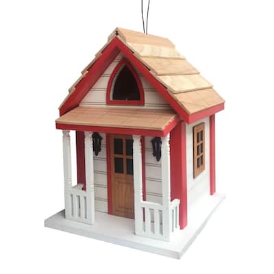 Home Bazaar 8" x 6" x 6" Country Charm Cottage Birdhouse - White and Red - 6"x8"x6"