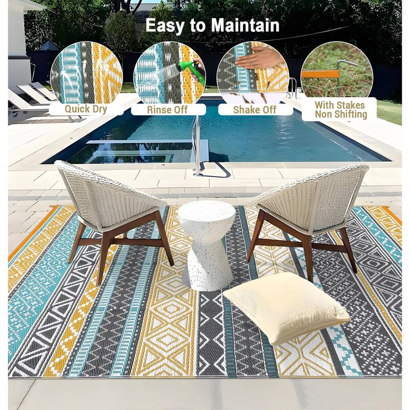 Outdoor Rug Waterproof Patio Rug Mat Geometric Rug Plastic Straw Outside Rug for RV Camping Picnic Reversible Rug