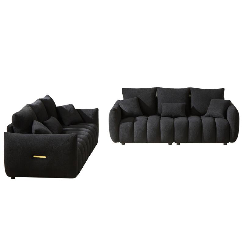 2-Piece 6-Seat Teddy Fabric Sectional Set (3+3) with Wood Frame & 6 Pillows