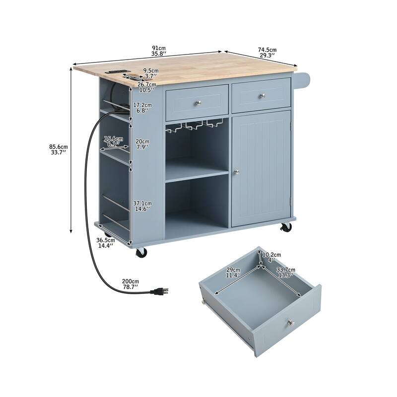 Multifunctional Kitchen Cart with Power Outlet, Open Storage and Wine Rack - 40" x 30"