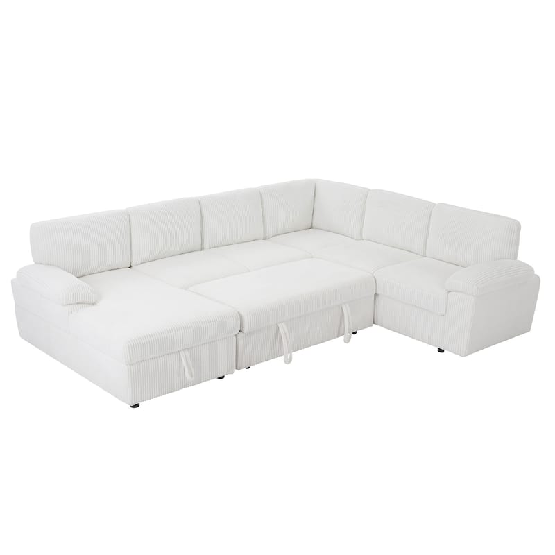 Oversized Modular Storage Corduroy Sectional Sofa Couch, White, Convertible Sleeper Sofabed