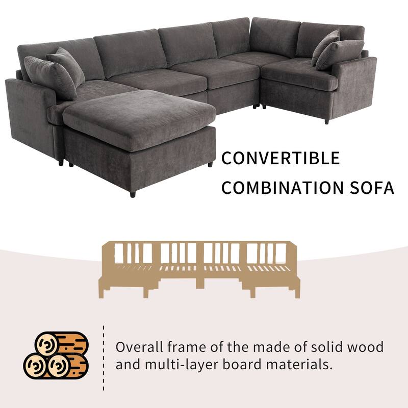Grey 100.4'' Spacious U-Shaped 6-Seat Sectional Sofa with Removable Ottomans and Pillows, Easy-Clean Cushions for Living Room