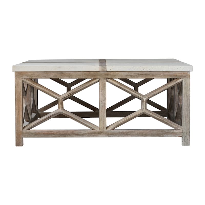 40" Catali Mixed Natural Wood Coffee Table Ivory Limestone Top