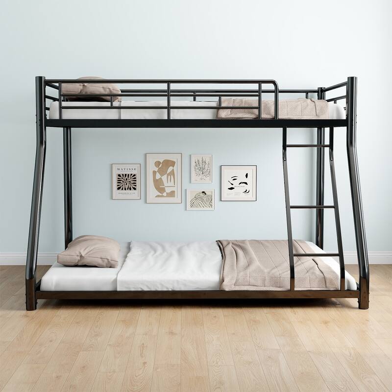 Twin Over Full Metal Bunk Bed, Heavy Duty Metal Bunk Bed Frame, Bunk Bed Twin Over Full with Ladder & Full-Length Guardrail - Black