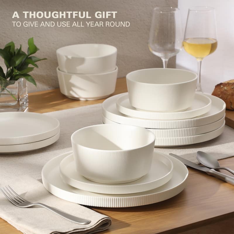 Gibson Home Dempsey Road 12-Piece Durable Modern Embossed Stoneware Dinnerware Set - Service for 4