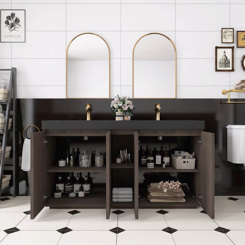59.6'' Freestanding Bathroom Vanity with Black Integrated Solid Surface Sink in Smoked Oak - 59.49'' x 19.11'' x 36.45''