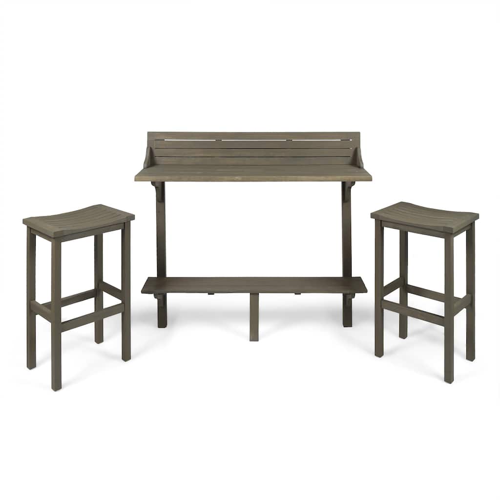 FurnitureR 3-Piece Balcony Bar Set with 2 Stools, Wood Outdoor Bar Table with Shelf, Grey Finish