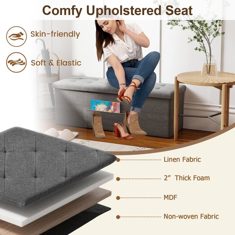 Large 38 Gallon Linen Fabric Storage Ottoman Bench Folding Multipurpose Footrest and Seat with Foam Cushion - 43" × 15" × 15"