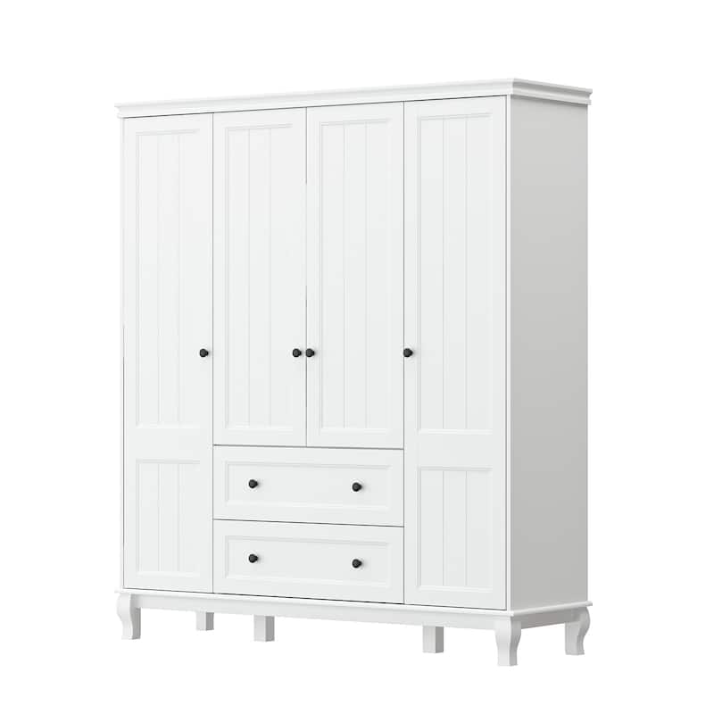 Timechee 63" Wardrobe ARMOIRES White 4 Doors 2 Drawers Lacquer