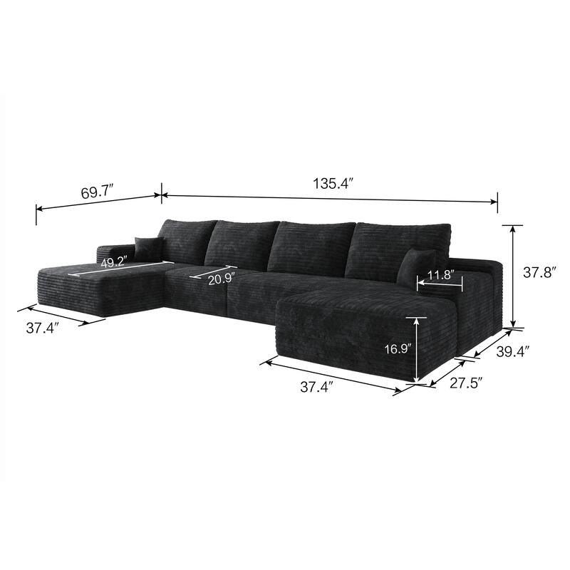 U Shaped Modular Sectional Sofa with Ottoman & Chaise, Corduroy Upholstered Boneless Couch, Corner Deep Seat Compressed Sofa
