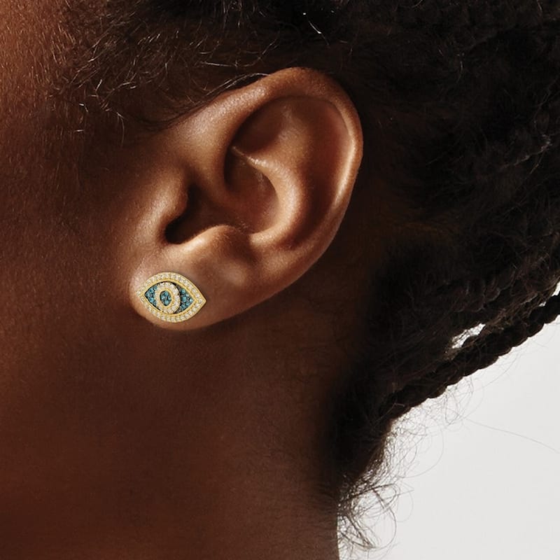 Curata 10k or 14K Yellow Gold Large Blue Cubic Zirconia Evil Eye Earrings - 16x9mm