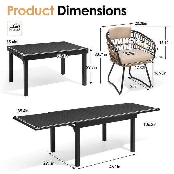 dimension image slide 1 of 3, VredHom 11PC Outdoor Patio Extendable Table Dining Sets Table with Rattan Chairs