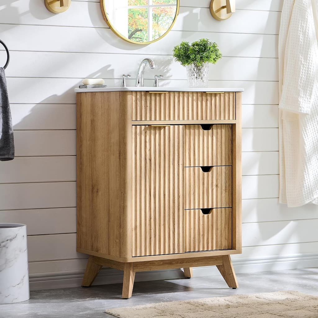 24" Fluted Bathroom Vanity with Ceramic Sink, Modern Bathroom Cabinet